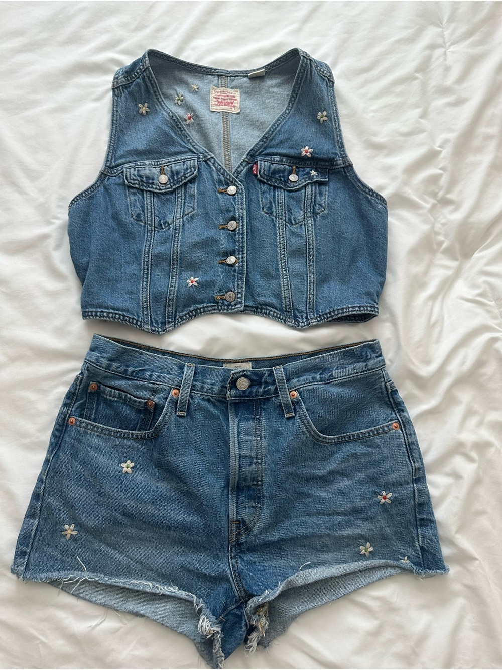 Levi's 501 Blue Denim Floral Embroidered Shorts and Vest set